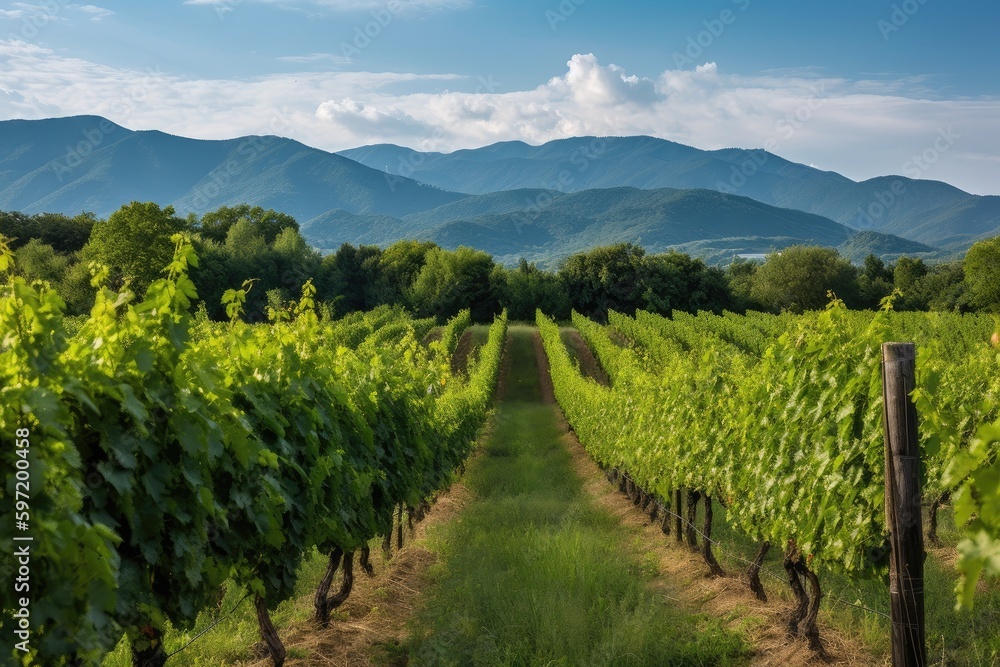 vineyard with rows of grapevines, bordered by lush foliage and mountains in the background, created with generative ai