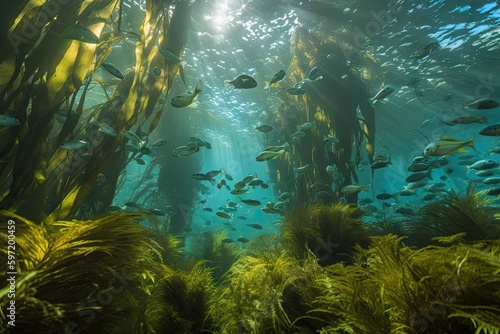underwater garden with schools of fish swimming among the kelp fronds, created with generative ai