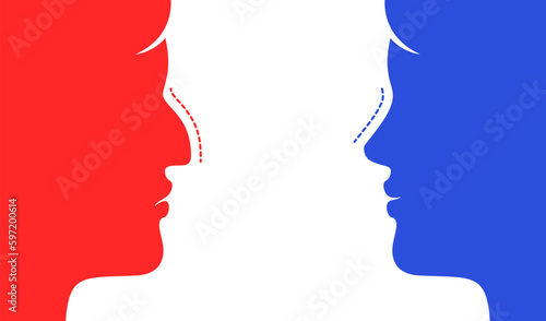 Woman with crooked and straight nose. Nose rhinoplasty effect comparison, medical vector illustration isolated on a white background.