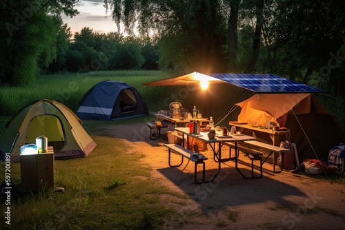 modern campsite with solar panels and lanterns, charging mobile devices and cooking, created with generative ai