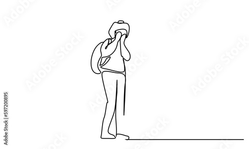 girl teenager backpack crying embarrassed sad covering her face line art