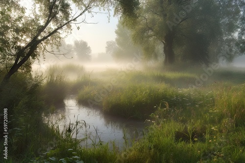 misty morning meadow with a stream and birdsong, created with generative ai