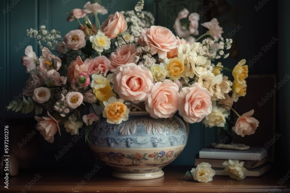 bouquet of pastel flowers in elegant vase on wooden table, created with generative ai