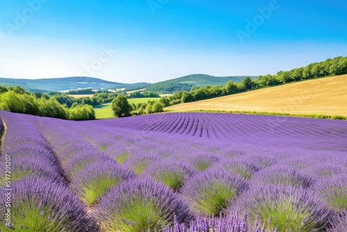 lavender field with rolling hills and a clear blue sky, created with generative ai