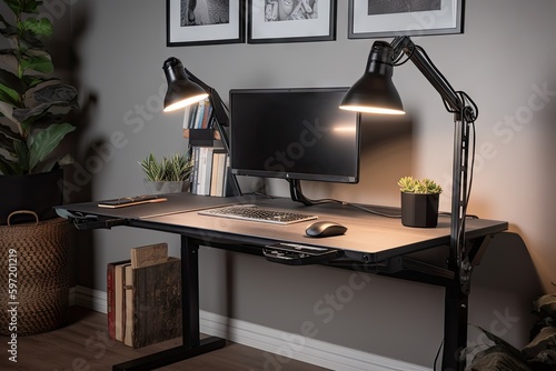 ergonomic desk with adjustable height, lighting, and accessories, created with generative ai