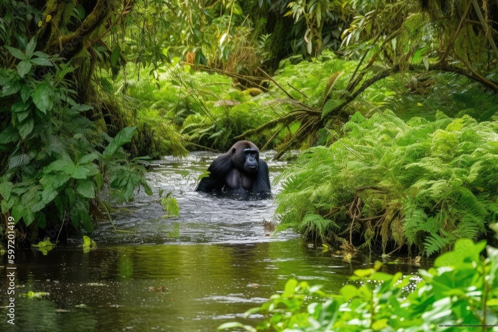 gorilla swimming in tranquil stream, surrounded by lush greenery, created with generative ai gorilla swimming in tranquil stream, surrounded by lush greenery, created with generative ai