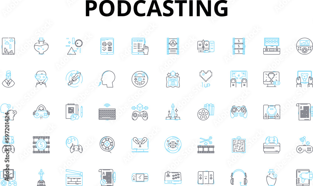 Podcasting linear icons set. Audible, Entertaining, Informative, Engaging, Streamlined, Portable, Innovative vector symbols and line concept signs. Streaming,Broadcast,Mobile illustration