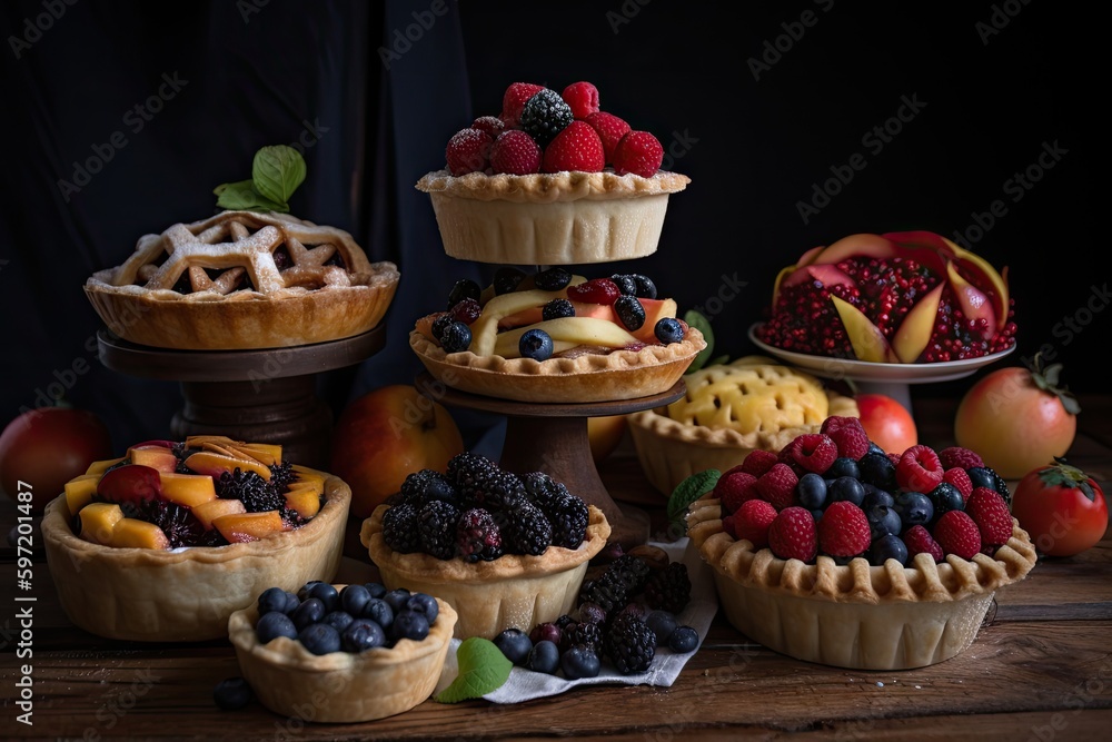 tower of fruit pies, with each pie topped with a different fruit, created with generative ai
