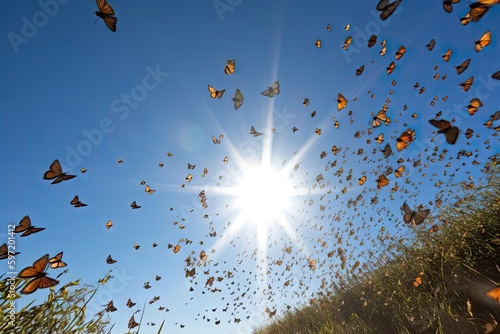 butterfly migration on a clear summer day, with the sun shining brightly, created with generative ai