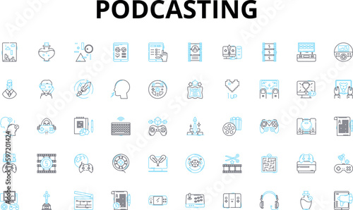 Podcasting linear icons set. Audible, Entertaining, Informative, Engaging, Streamlined, Portable, Innovative vector symbols and line concept signs. Streaming,Broadcast,Mobile illustration