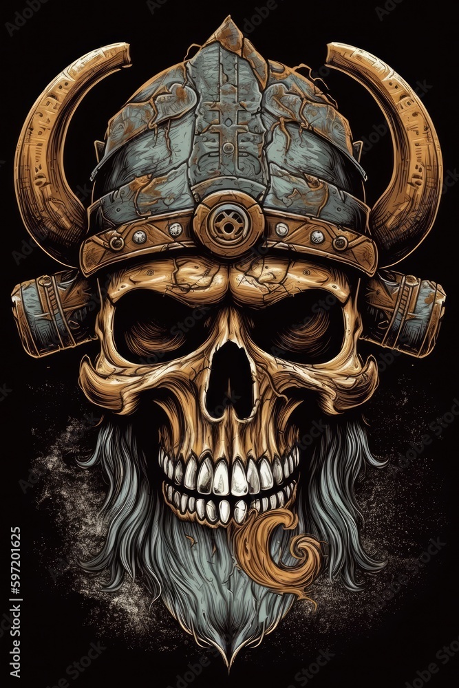 Obraz premium Cartoon Viking helmet skull Tshirt design. Generative AI