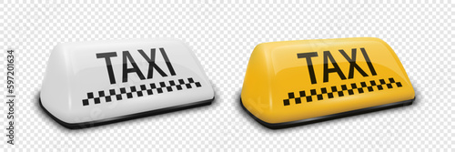 Vector 3d Realistic White and Yellow French Taxi Sign Icon Set Closeup Isolated. Design template for Taxi Service, Mockup. Half Turn View