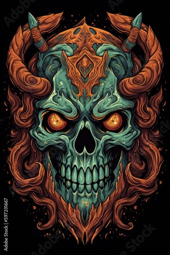 Cartoon Demon skull Tshirt design. Generative AI