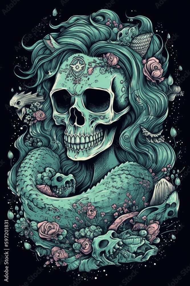 Cartoon Mermaid skull Tshirt design. Generative AI