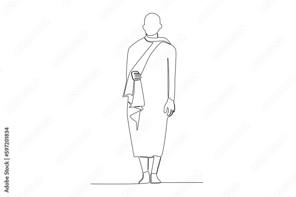 A monk stood in full monk's attire. Monk one-line drawing A monk stood in full monk's attire. Monk one-line drawing