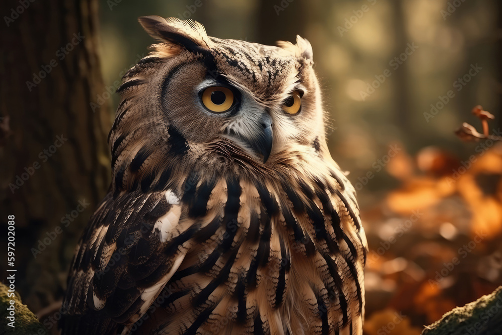 Eurasian eagle-owl close-up. Forest landscape. Ai Eurasian eagle-owl close-up. Forest landscape. Ai