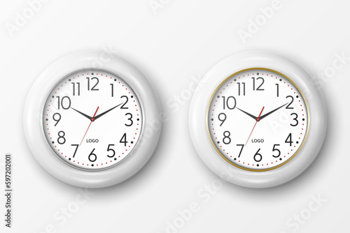 Vector 3d Realistic Round White Wall Office Clock Icon Set Closeup Isolated on White Background. Wooden Watches, Design Template, Mock-up for Branding, Advertise. Front View