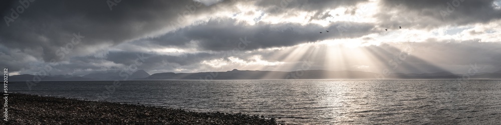 Coastal Scenery: Rays of Light, Flock of Birds and Gravel Beach in Scotland 3 Coastal Scenery: Rays of Light, Flock of Birds and Gravel Beach in Scotland 3