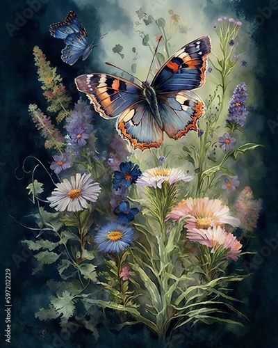 Watercolor colorful Butterfly Flowers Background, Generative AI. © Graphic EngineerBD