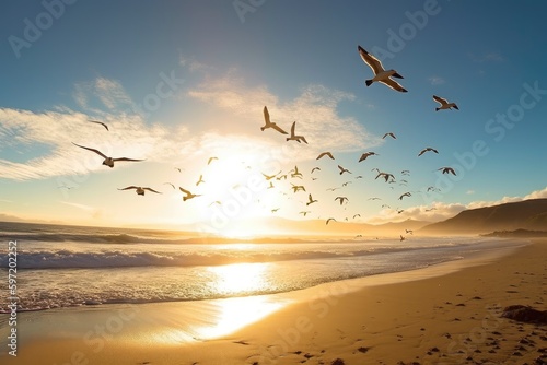 flock of seagulls flying above golden beach, with the sun shining in the background, created with generative ai © Alfazet Chronicles