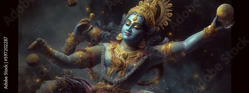 Fotografiet image of vishnu hindu god in galaxies spirals space nebulae generative AI
