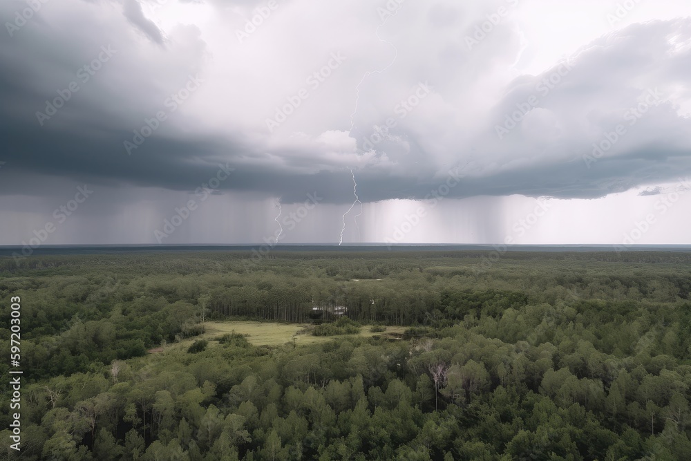 drone shot of hurricane, with view of storm clouds and lightning flashing, created with generative ai