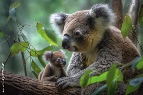 heartwarming moment between mother and baby koala, with the tranquility of the forest in the background, created with generative ai