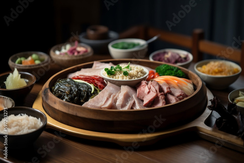 Korean summer healthy food Malbok of 2023. Various types of health food including duck meat. AI generated