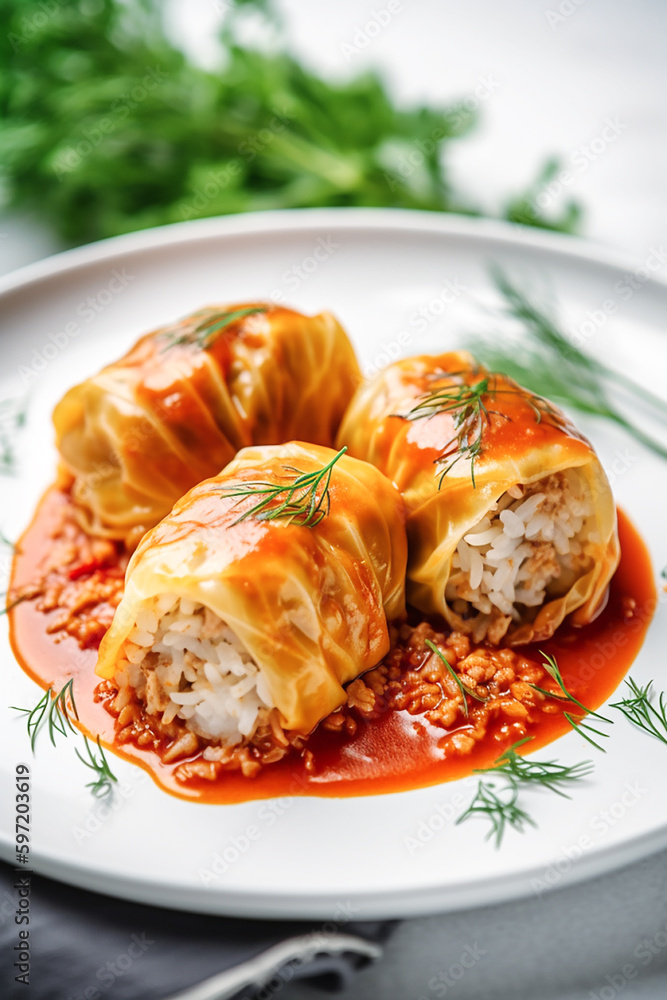Stuffed cabbage with rice on a white table. AI generativ. Stuffed cabbage with rice on a white table. AI generativ.