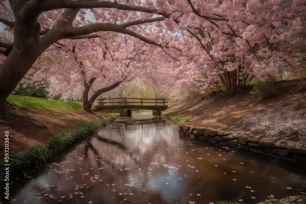 cherry blossom garden with blooms in full bloom and babbling brook in the background, created with generative ai cherry blossom garden with blooms in full bloom and babbling brook in the background, created with generative ai