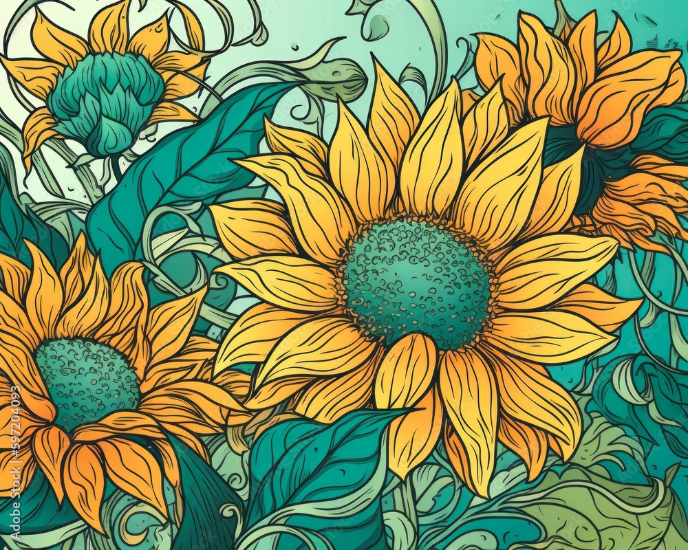 design summer themed illustration bold line sunflowers leaves flat
