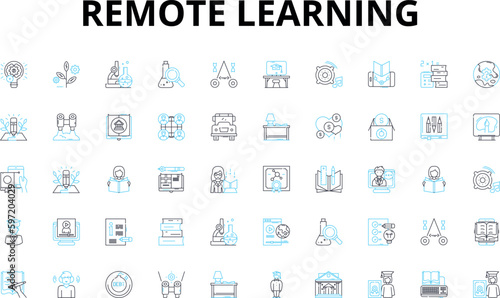 Remote learning linear icons set. Virtual, Digital, Online, Distance, E-learning, Web-based, Tele-education vector symbols and line concept signs. Mobile,At-home,Cyber illustration