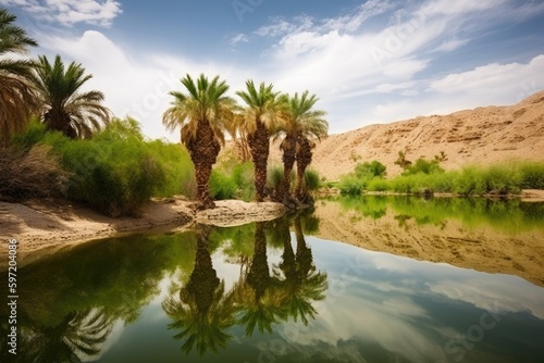 spring with reflection in calm oasis surrounded by desert  created with generative ai