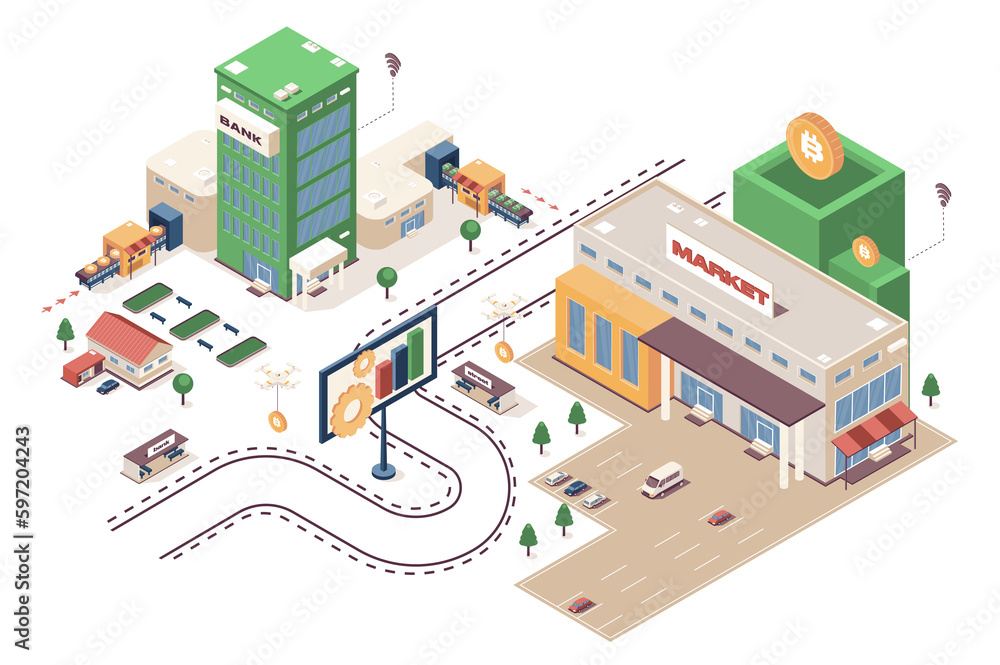 Crypto market concept 3d isometric web infographic workflow process. Infrastructure map with market building, conversion transactions, currency trade. Illustration in isometry graphic design