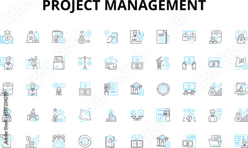 Project management linear icons set. Planning, Organizing, Scheduling, Budgeting, Prioritizing, Coordination, Communication vector symbols and line concept signs. Leadership,Resource allocation,Risk