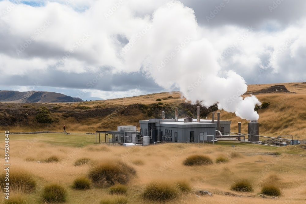 Fototapeta premium geothermal energy system, with steam and hot water being converted to electricity, created with generative ai