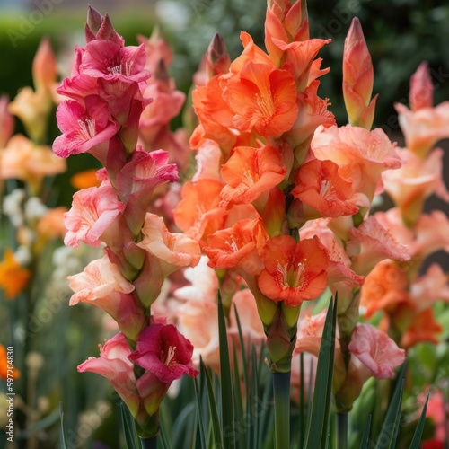 A vibrant gladiolus with tall spikes of colorful flowers in shades of pink, orange, and red, generative AI