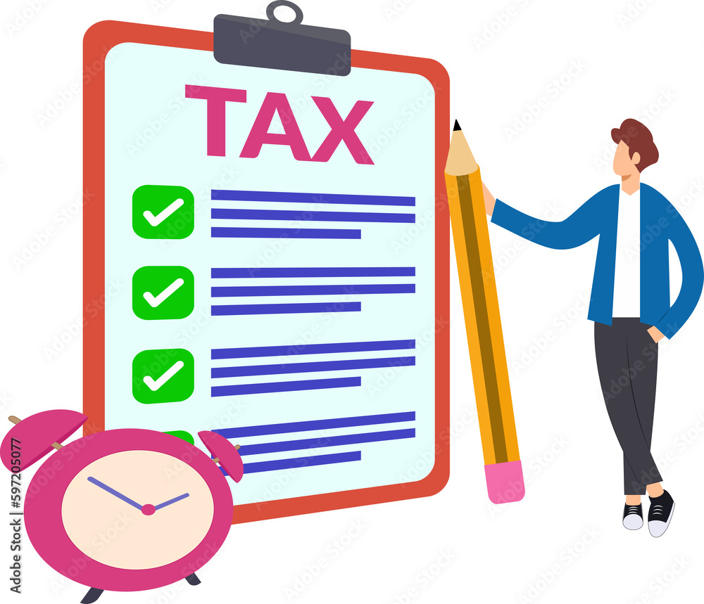 man filling tax papers. illustration of cartoon man filling tax form on time. man standing in front of large form paper man filling tax papers. illustration of cartoon man filling tax form on time. man standing in front of large form paper