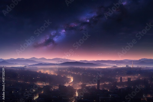 cityscape, with view of nebula and starfields in the background, created with generative ai