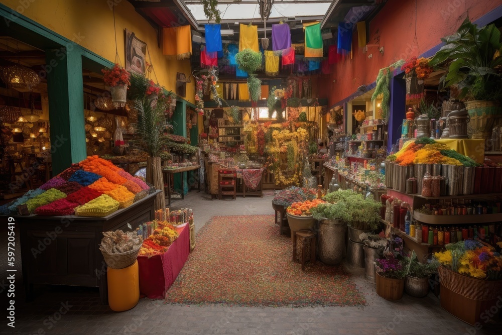 an oasis of color and movement at exotic bazaar, with stalls selling local produce, spices, and crafts, created with generative ai