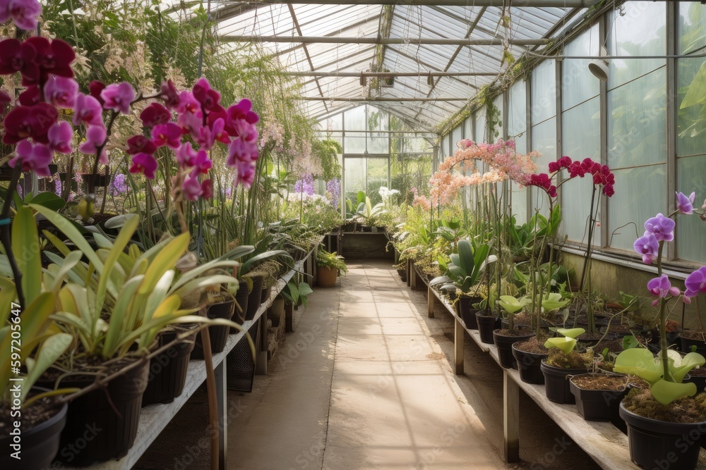 greenhouse filled with blooming orchids in pots, created with generative ai