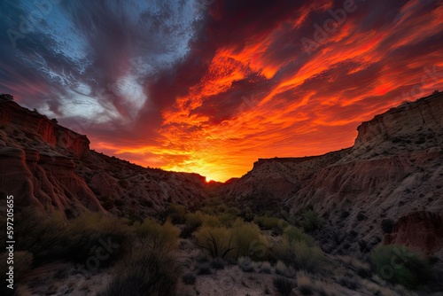 fiery canyon sunsets, with dramatic sky and silhouette of tall cliff, created with generative ai