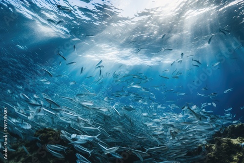 a school of fish swimming through a microplastic-filled ocean, created with generative ai