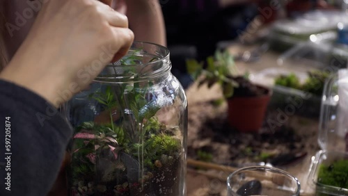 Person making terrarium. Group of people at outdoor florarium training and seminar. Self-sustaining micro garden ecosystem. People learning to create terrariums. Zen meditation hobby. Creative meetup.