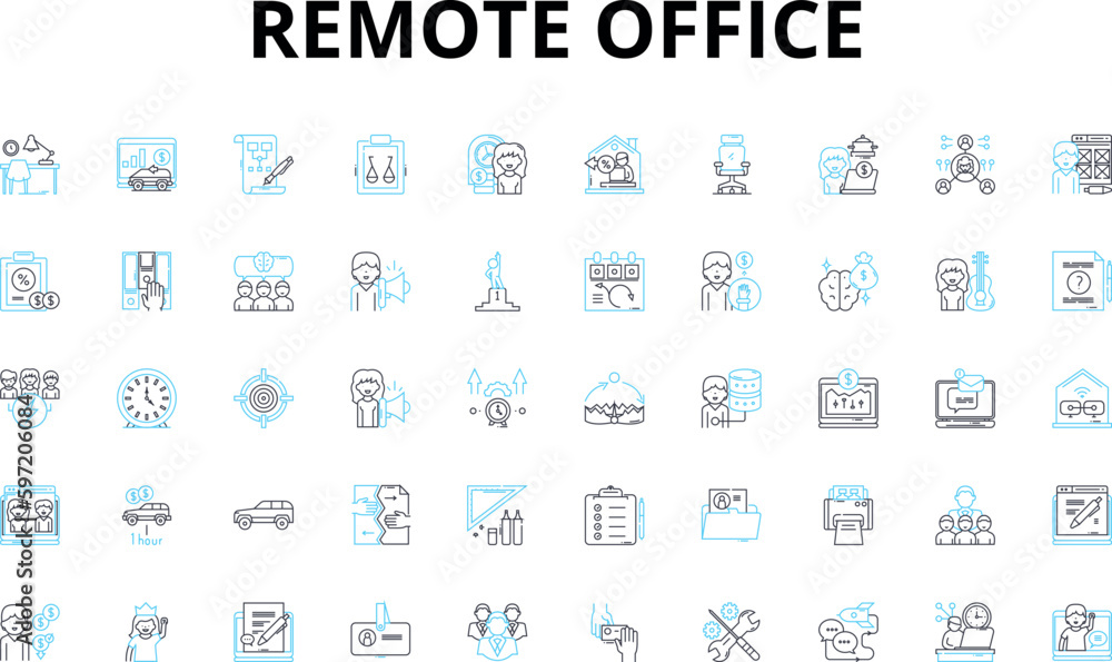 Remote office linear icons set. Telecommuting, Virtual, Remote, Digital, Online, Teleworking, Mobile vector symbols and line concept signs. Distance,Telepresence,E-Office illustration