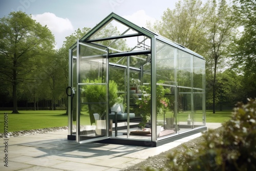 modern greenhouses with sleek and minimalist design, featuring minimalistic furniture to maximize the space, created with generative ai
