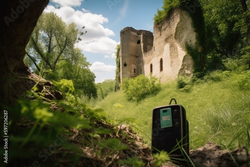 geocache hidden among the ruins of an ancient castle, created with generative ai photo