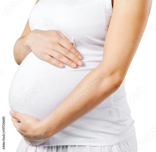 Pregnant woman touching her big belly