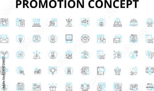 Promotion concept linear icons set. Advertising, Branding, Campaign, Discount, Endorsement, Giveaway, Incentive vector symbols and line concept signs. Influencer,Marketing,Merchandising illustration