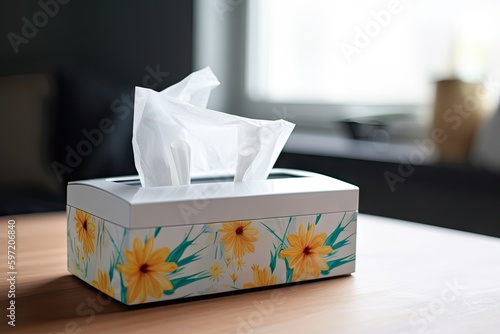 tissue box filled with tissues and a nasal spray nearby, created with generative ai photo